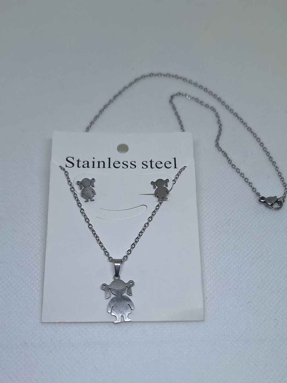 Stainless Steel Girl Silhouette Necklace & Earring Set - Silver